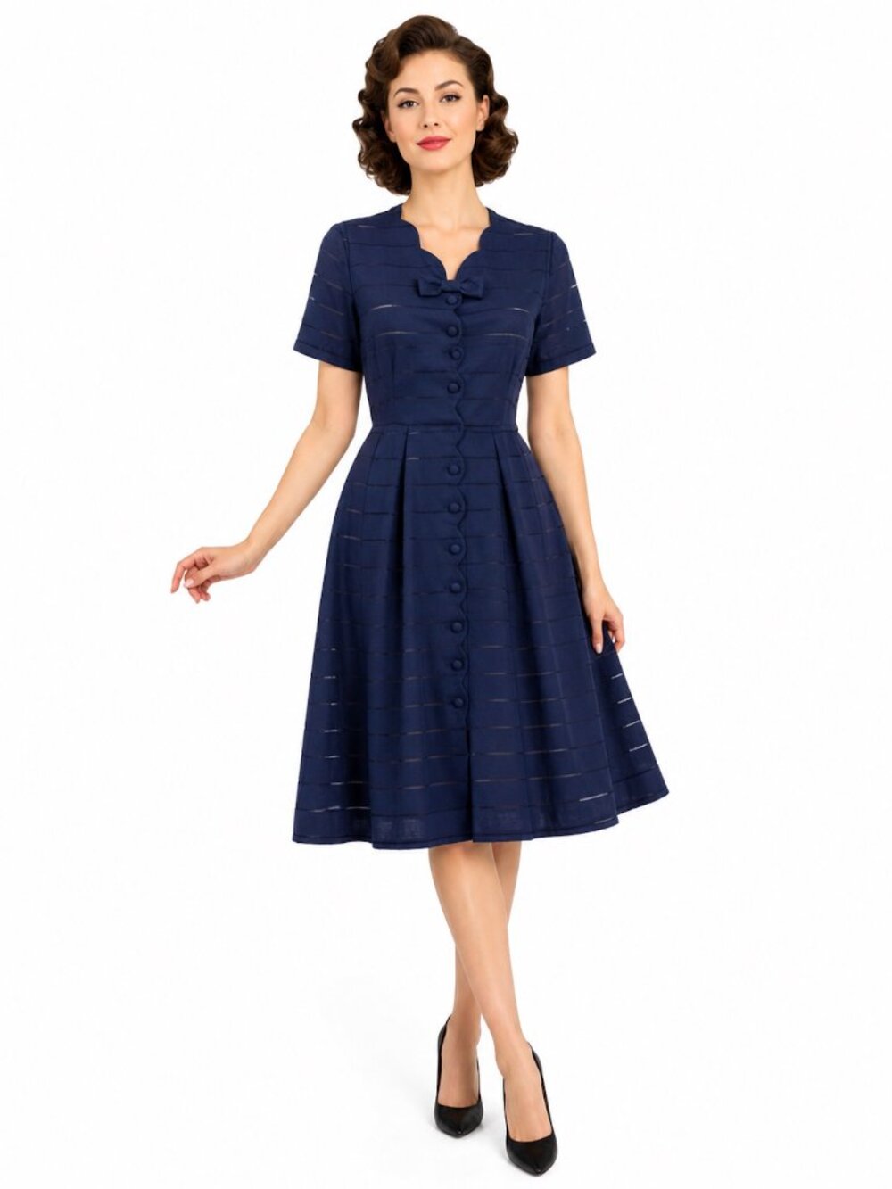 50s Navy Day Dress | Bow Neck Scalloped Collar Button Front Fit Flare | S/M